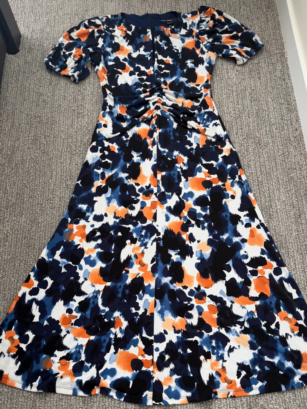 Maggy London Navy, Orange & White Abstract Ruched Tunic